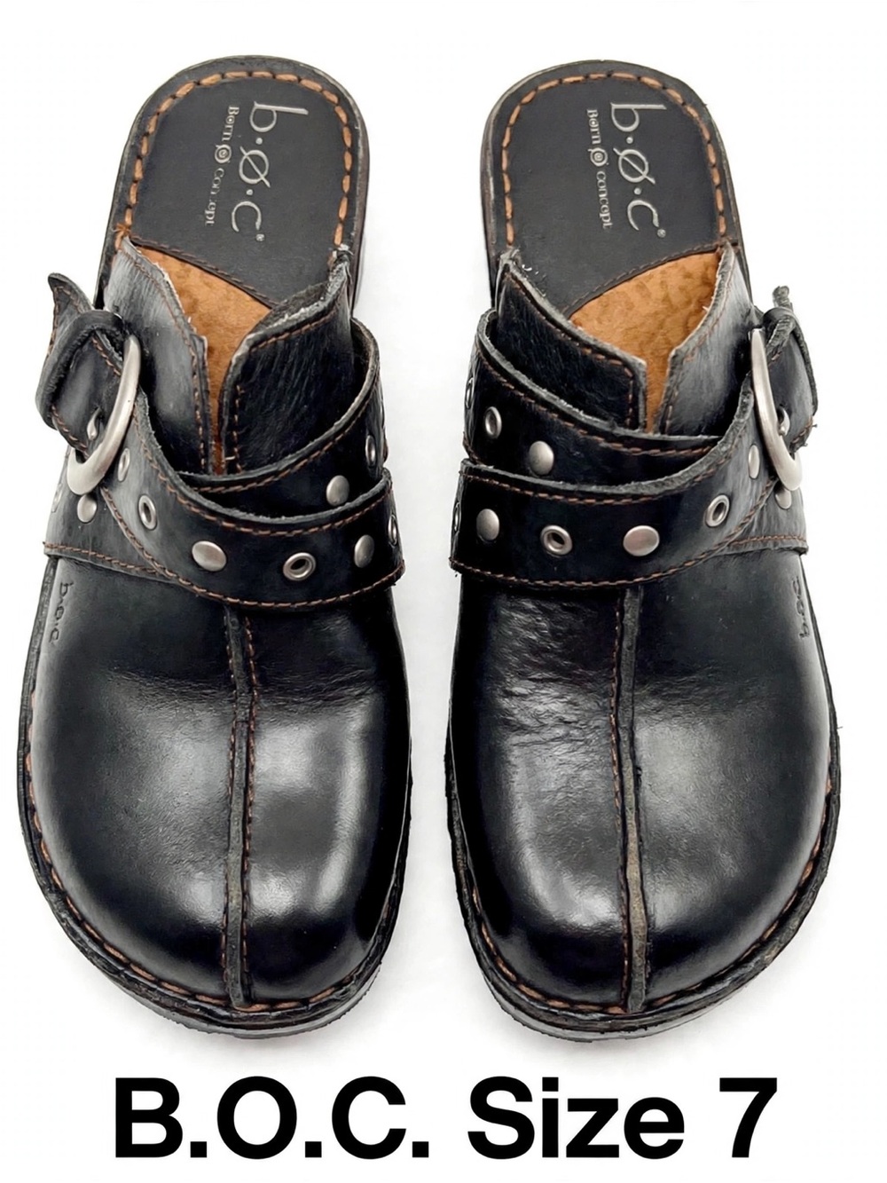 B.O.C. Born Concept Black Leather Clogs Size 7 Mules Buckle Studded Comfort
